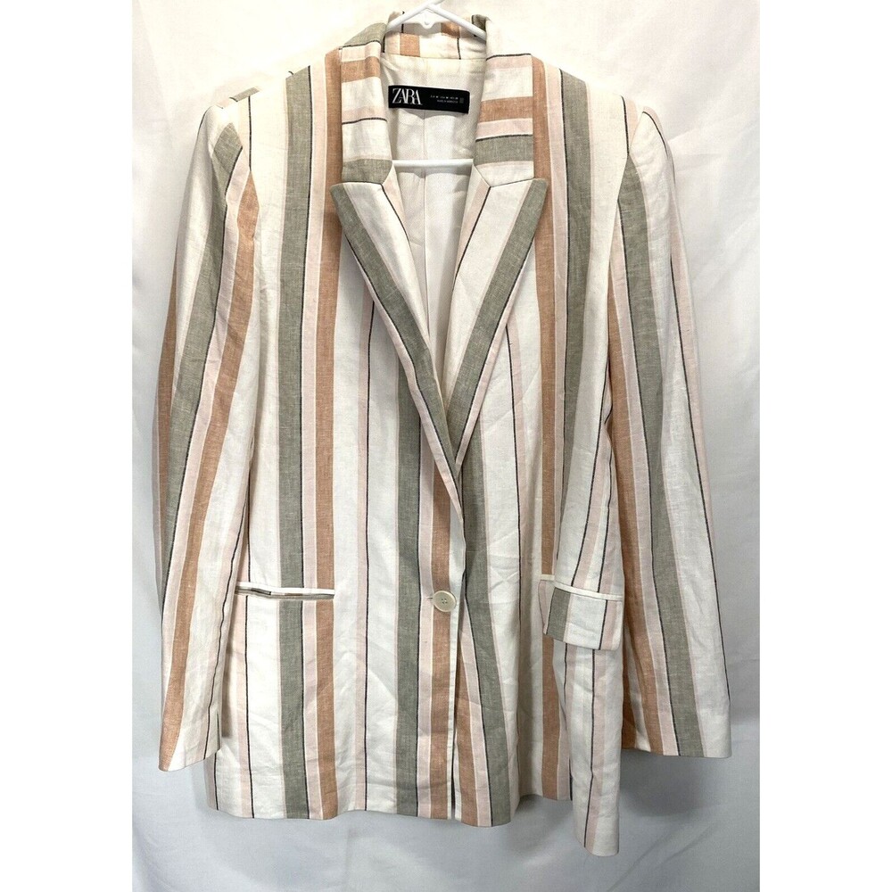 Zara Womens Blazer Medium One Button Linen Blend Stripped Long Sleeve RN77302